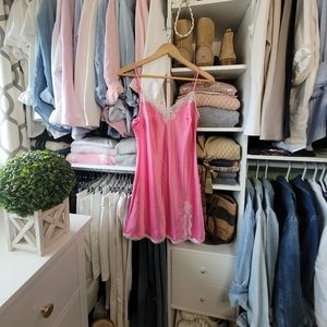 Victoria Secret Classic Barbie Pink Satin Slip w/ white lace detail - NEW-Size M